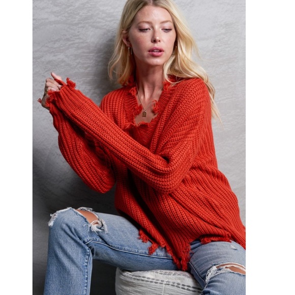Pumpkin Spice-Distressed Chunky Knit Sweater - Picture 2 of 3